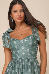 Gorgeous Excellence Teal Green Floral Burnout Tiered Midi Dress