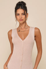 Positively Sophisticated Taupe Button-Front Midi Sweater Dress