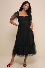 Dreamy Celebration Black Tulle Bustier Swiss Dot Midi Dress