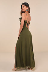 Exemplary Beauty Olive Green Sleeveless Tie-Back Maxi Dress