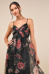 Truly Extraordinary Black Floral Organza Pleated Maxi Dress