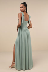 Radiant Charisma Sage Brush Chiffon Ruched Tie-Strap Maxi Dress
