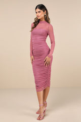 Impressive Flirt Dusty Rose Mesh Ruched Mock Neck Midi Dress