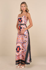 Rich Demeanor Pink Multi Abstract Backless Buckle Maxi Dress