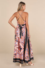 Rich Demeanor Pink Multi Abstract Backless Buckle Maxi Dress