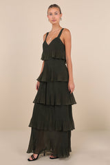 Elegant Nature Olive Green Pleated Sleeveless Tiered Maxi Dress