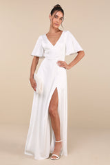 Elegant Confidence White Satin Flutter Sleeve Cutout Maxi Dress