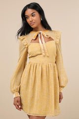 Posh Impression Yellow Floral Print Tie Neck Mini Dress