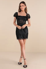 Seriously Cute Black Embroidered Mesh Puff Sleeve Mini Dress