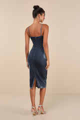 Plush Personality Slate Blue Velvet Ruched Bodycon Midi Dress