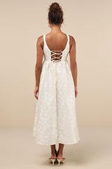 Immaculate Elegance Cream Jacquard Lace-Up Midi Dress