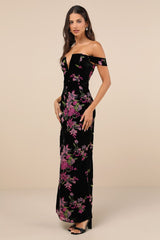 Enchanting You Black Burnout Velvet Off-the-Shoulder Maxi Dress