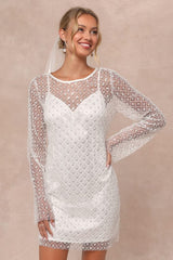 Glowing Charisma White Sequin Pearl Mesh Long Sleeve Mini Dress