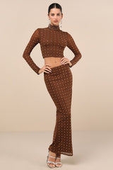 Incomparable Shine Brown Mesh Rhinestone Two-Piece Maxi Dress