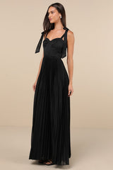 Attentive Elegance Black Tie-Strap Bustier Pleated Maxi Dress