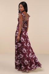 Sweetest Entrance Plum Purple Floral Ruffled Tie-Back Maxi Dress