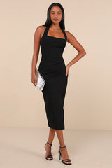 Prominent Charm Black Halter Bodycon Tulip Midi Dress
