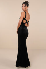 Perfectly Classy Black Velvet Strappy Maxi Dress
