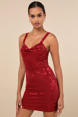 Ever So Flirty Wine Red Mesh Floral Cowl Bodycon Mini Dress