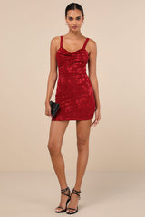 Ever So Flirty Wine Red Mesh Floral Cowl Bodycon Mini Dress