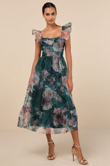 Sweet Composure Green Floral Organza Off-the-Shoulder Midi Dress