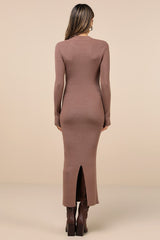Autumnal Sensation Brown Ribbed Long Sleeve Sweater Dress