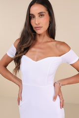 How Much I Care White Velvet Off-the-Shoulder Midi Dress
