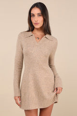 Soft Serenity Heather Taupe Collared Sweater Mini Dress