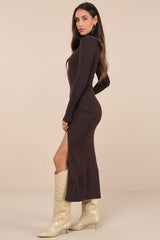 Refined Attitude Brown Ribbed Side Button Midi Sweater Dress