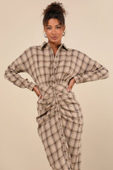 Seasonal Spirit Taupe Plaid Ruched Long Sleeve Midi Dress