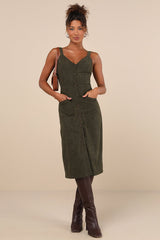 Certainly the Sweetest Olive Corduroy Button-Front Midi Dress