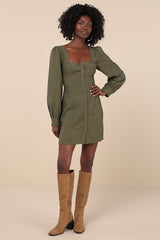 Posh Promise Olive Corduroy Long Sleeve Button-Up Mini Dress