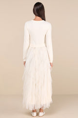 Ultimate Beauty Ivory Cable Knit Ruffled Tulle Maxi Dress