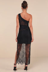 Sensational Flirt Black Sheer Lace One-Shoulder Maxi Dress