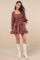 Autumn Perfection Red Plaid Mini Dress With Pockets