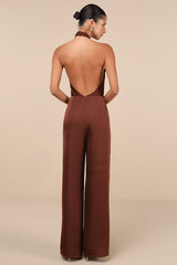 Beyond Classy Brown Satin Halter Wide-Leg Jumpsuit