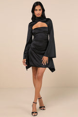 Sultry Elevation Black Satin Long Sleeve Cutout Mini Dress
