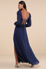 Marvelous Affair Navy Blue Pleated Lace-Up Maxi Dress