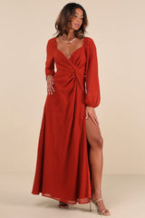 Composed Soiree Rust Orange Twist-Front Long Sleeve Maxi Dress