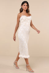 Uniquely Confident Cream Lace Feather Strapless Midi Dress