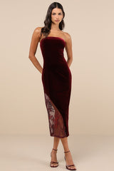 Feeling So Luxe Burgundy Velvet Mesh Sequin Strapless Midi Dress