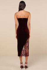 Feeling So Luxe Burgundy Velvet Mesh Sequin Strapless Midi Dress