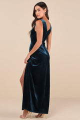 Beautiful Evenings Dark Teal Velvet Twist-Front Maxi Dress