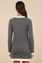 Sophisticatedly Cozy Grey and Ivory Button-Up Sweater Mini Dress