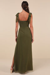 Gorgeous Whimsy Olive Pleated Off-the-Shoulder Maxi Dress