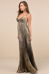Brilliant Allure Gold Metallic Lurex Pleated Maxi Dress