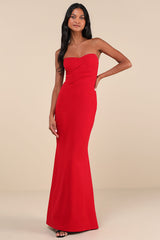 Iconic Arrival Red Strapless Bustier Mermaid Maxi Dress