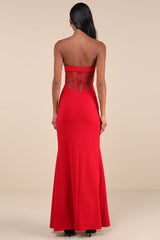 Iconic Arrival Red Strapless Bustier Mermaid Maxi Dress