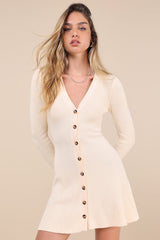 Adorably Flirty Ivory Button-Front Sweater Mini Dress