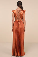 Exceptional Drama Rust Orange Satin Lace-Up Pleated Maxi Dress